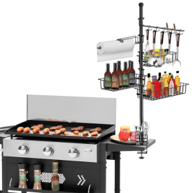 Enhanced barbecue rack storage unit with tissue holder, carbon steel grill rack featuring storage basket and 10 hooks